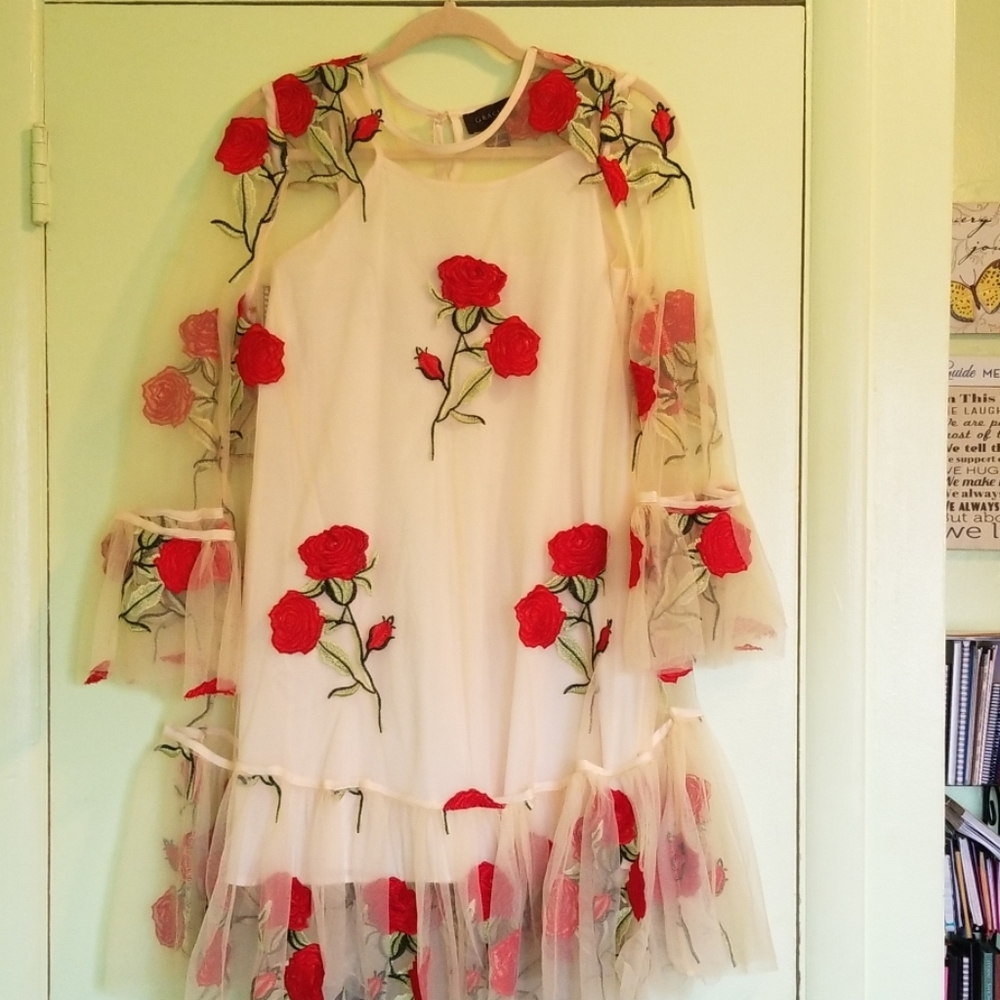 Elegant cream & red floral overlay dress